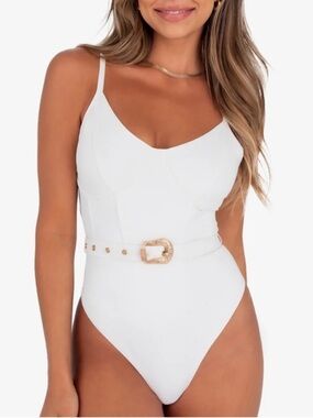 Kittenish Pool Girl Belted One Piece White Gold Toned Hardware Size Small NWT